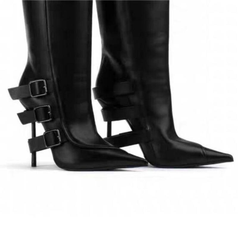 Fashion New Black Belt Buckle Tab High-heel Knee High Boots Autumn Winter Women Fashion Pole Dance Pointed Solid Color Long Boots 35-44