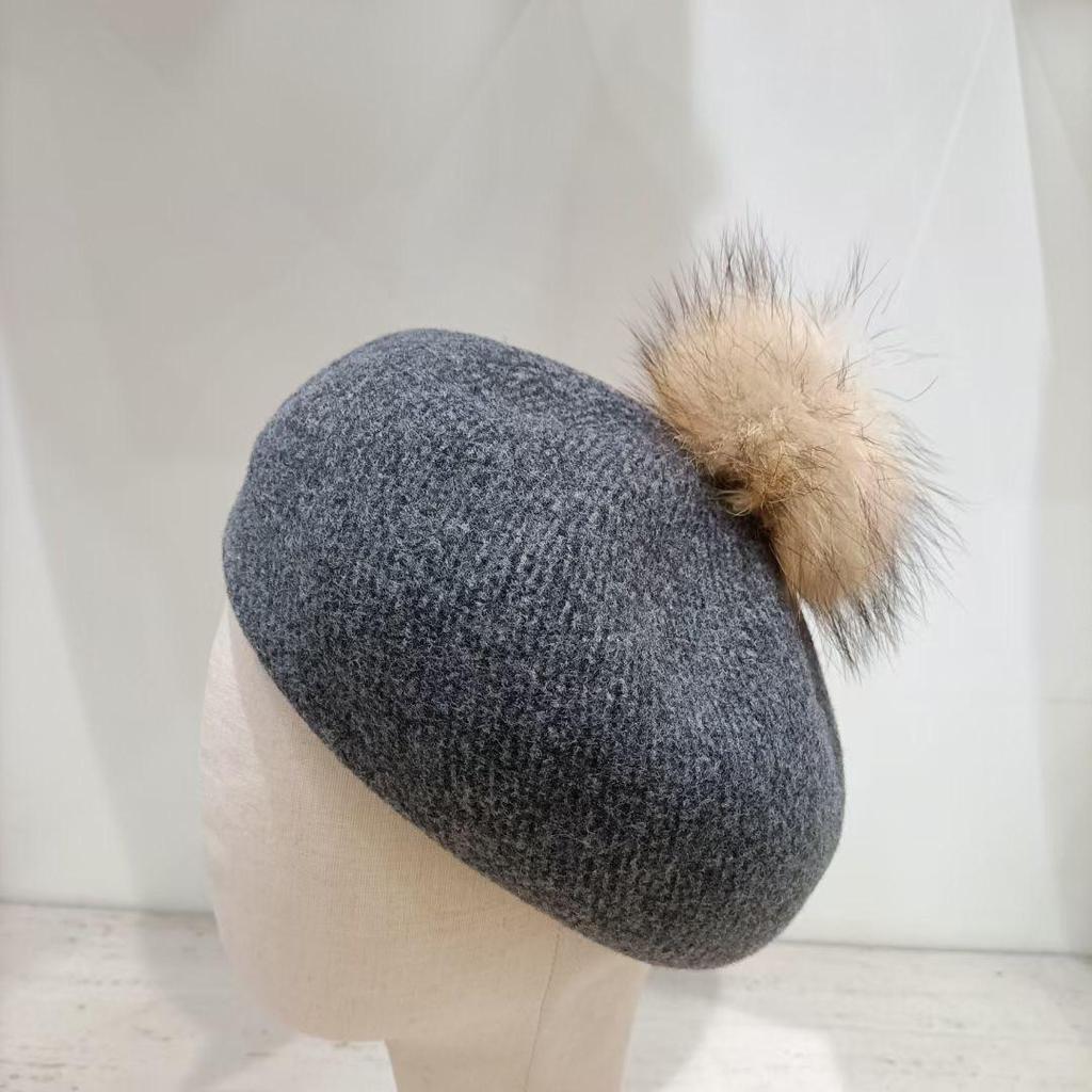 Женский зимний шерстяной берет 2023 года с помпоном из меха енота