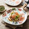 Colorful Floral Ceramic Handled Plate, Creative Decor Food Serving Dish with Solid Wood Handle, Microwave Unavailable