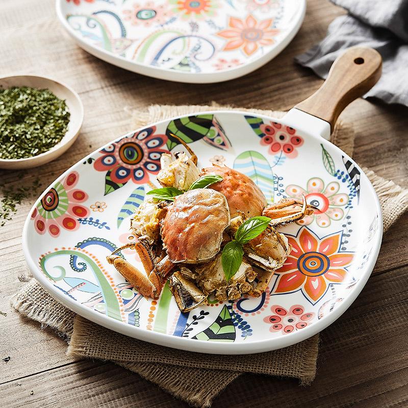 Colorful Floral Ceramic Handled Plate, Creative Decor Food Serving Dish with Solid Wood Handle, Microwave Unavailable