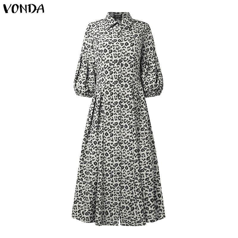 VONDA Винтажное женское платье с пышными рукавами, леопардовым принтом и пуговицами, длинное плиссированное