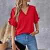 Yousheng Women Shirt V-Neck Ruffled Splicing Petal Sleeve Solid Color Tops Loose Fit Tee Casual Office Travel Shirt