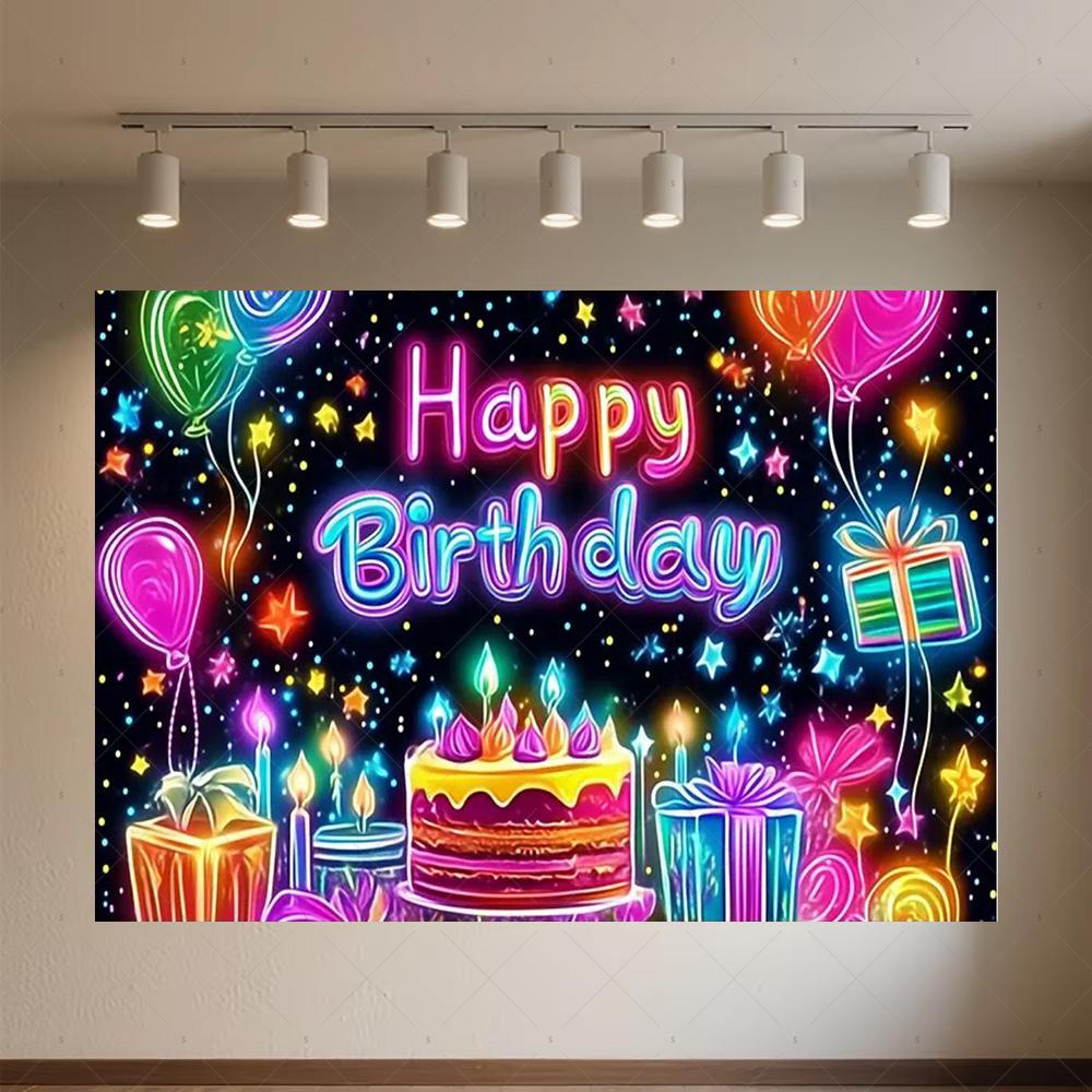Glitter Happy Birthday Background Banner Glow Neon Dance Carnival Party Decorations Colourful Backdrop Supplies Photography Prop
