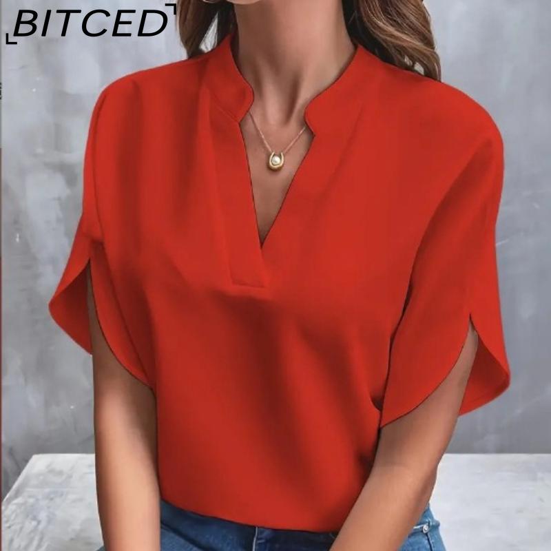 BITCED Летняя женская футболка с V-образным вырезом - Однотонная повседневная футболка-пуловер с коротким рукавом