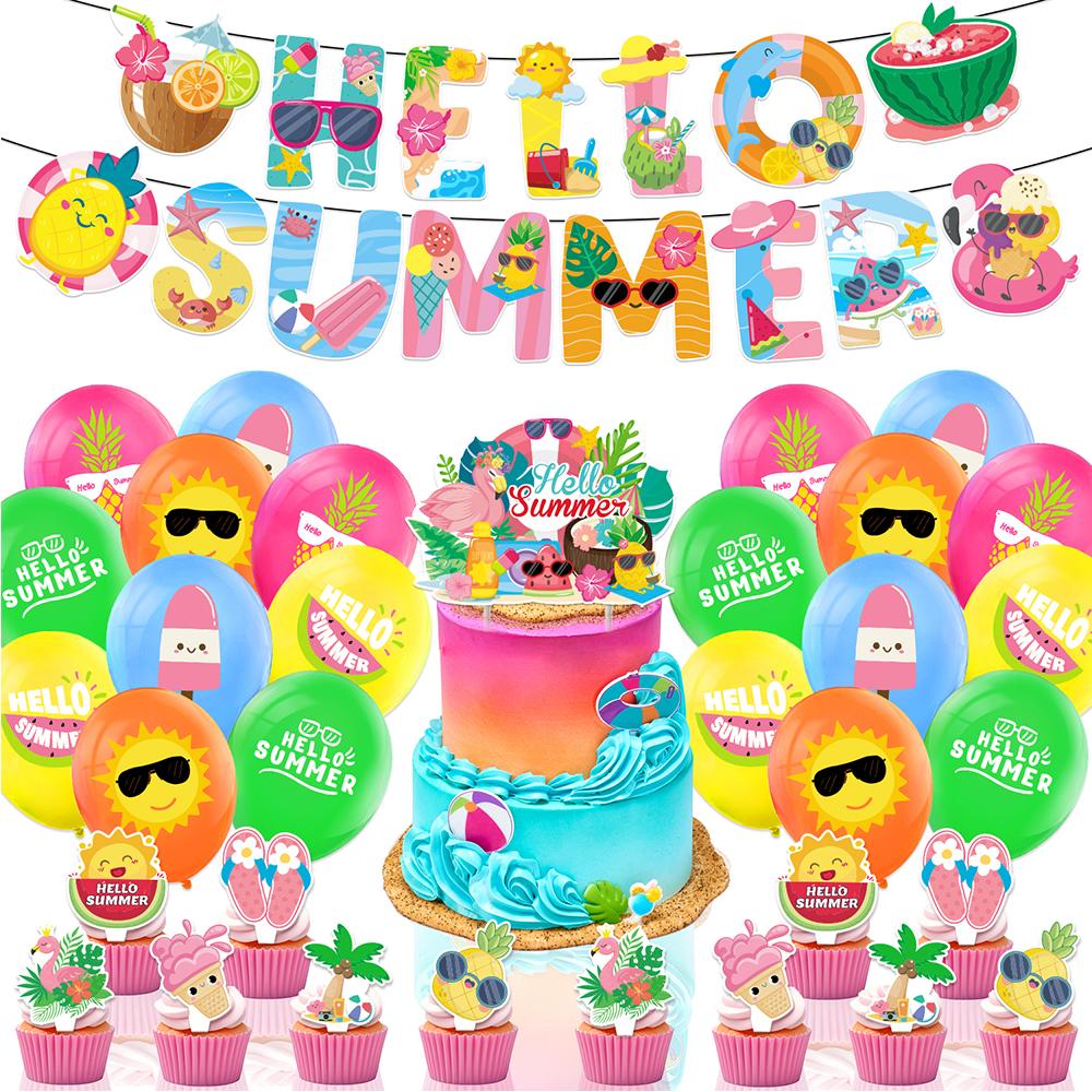 34x Hello Summer Hawaii Party Supplies Decoration Balloons, Banner, Cake Toppers