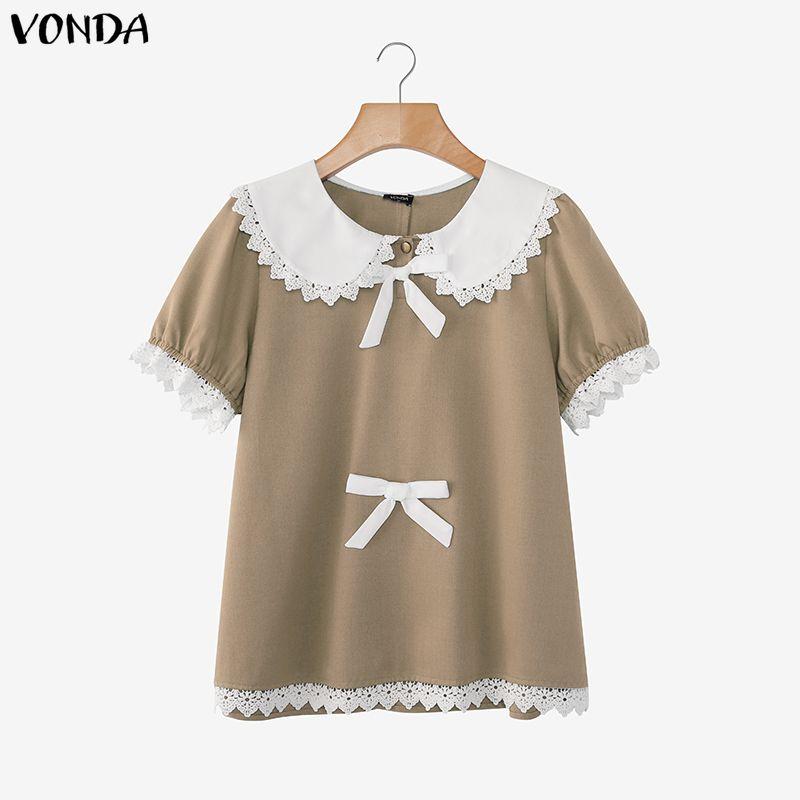 VONDA Элегантная женская блузка с отложным воротником, кружевной отделкой по подолу и бантом, повседневная, с коротким рукавом