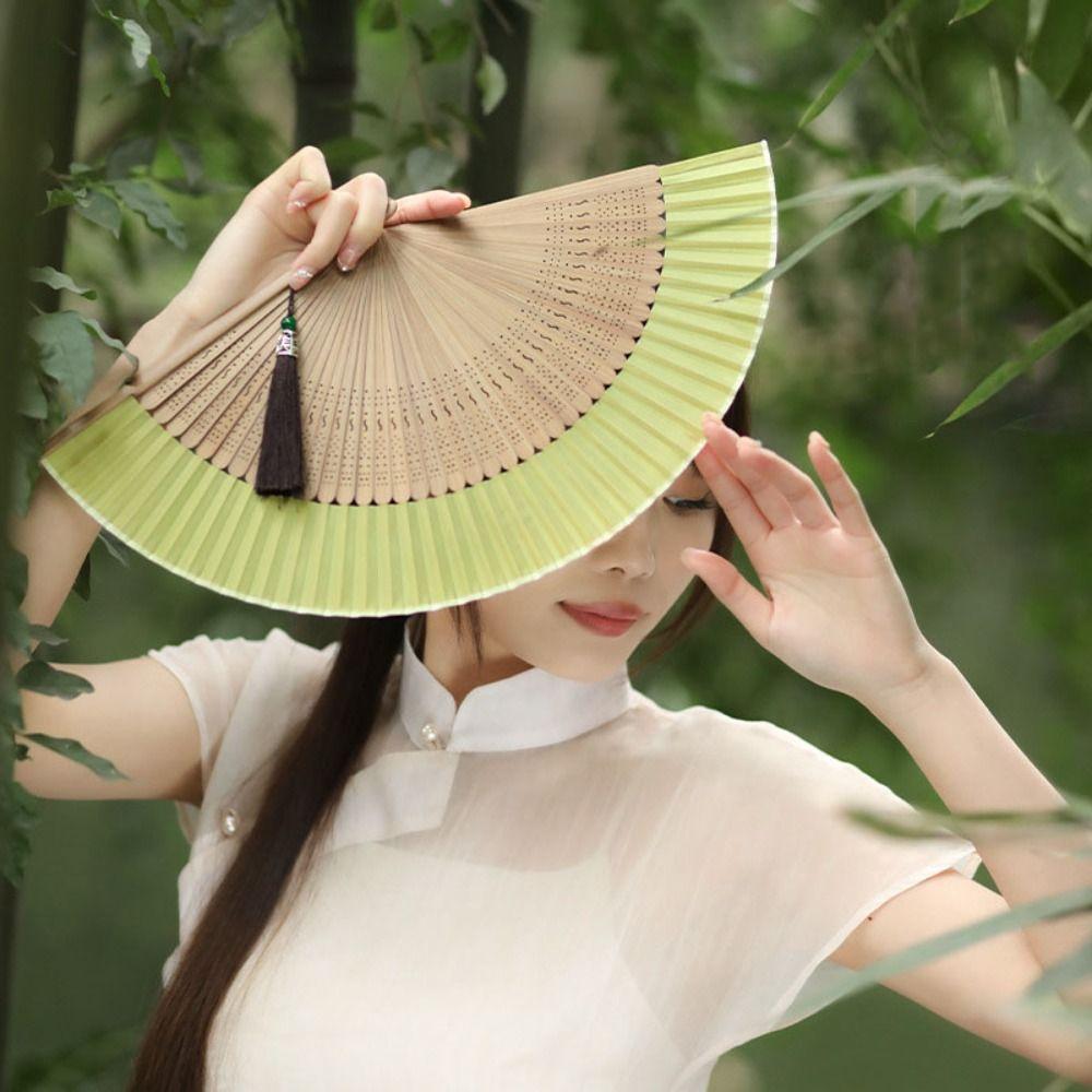 Carved Handle Chinese Fan Handhold Dance Fan Home Decoration Bamboo Folding Fan Gift