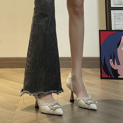 Белый лунный свет туфли на высоком тонком каблуке 2025 белые свадебные туфли в стиле маленькой феи с острым носком квадратная пряжка стразы темперамент французские одинарные туфли w