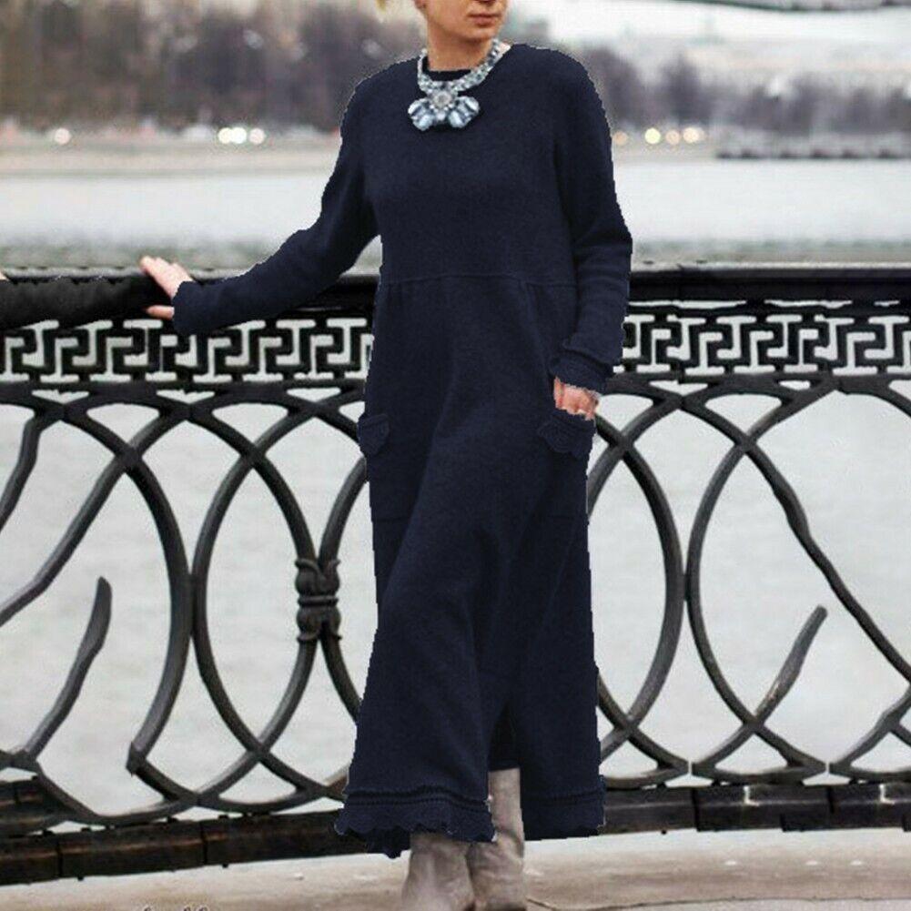 YYFS Женская мода весна осень однотонный принт длинный рукав О-образный вырез свободная талия повседневные платья