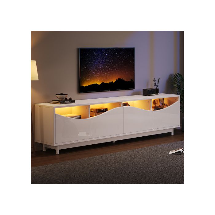 Meuble TV - MUVOE - Design incurvé - Blanc brillant - Éclairage LED