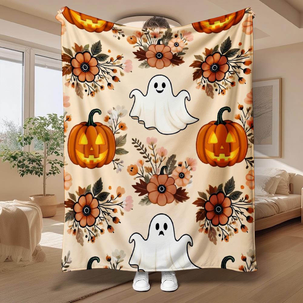 Halloween And Pumpkin Floral Pattern Holiday Gift for Family Soft Fleece Blanket Cute Spooky Autumn Design Cozy Home Decor Thr
