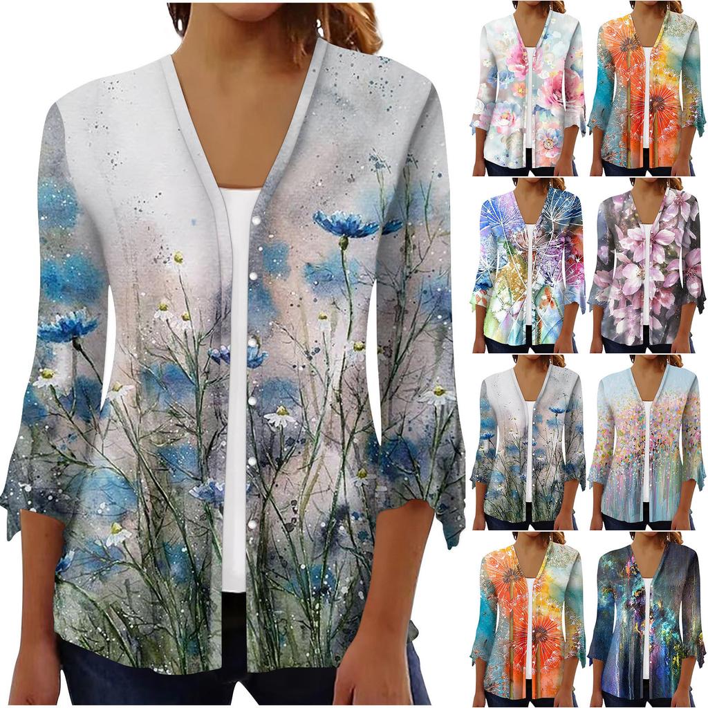 Women's Fashion Loose Casual Printed Seven-Part Sleeve Button Down Blouse Cardigan Top