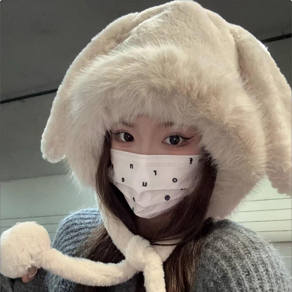 Warm Plush Ear Protection Hat Cute Bucket Hat New Big Rabbit Ears Hat Women
