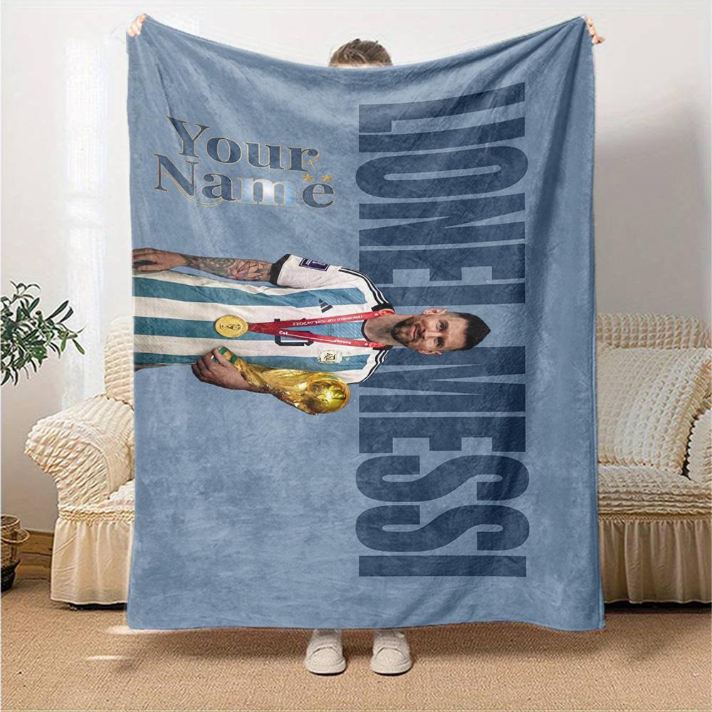 Football Messi Personalized Name Blanket Throw Customizable Blanket Ultra-Soft Perfect for Livingroom Home Decor Office Chair Couch