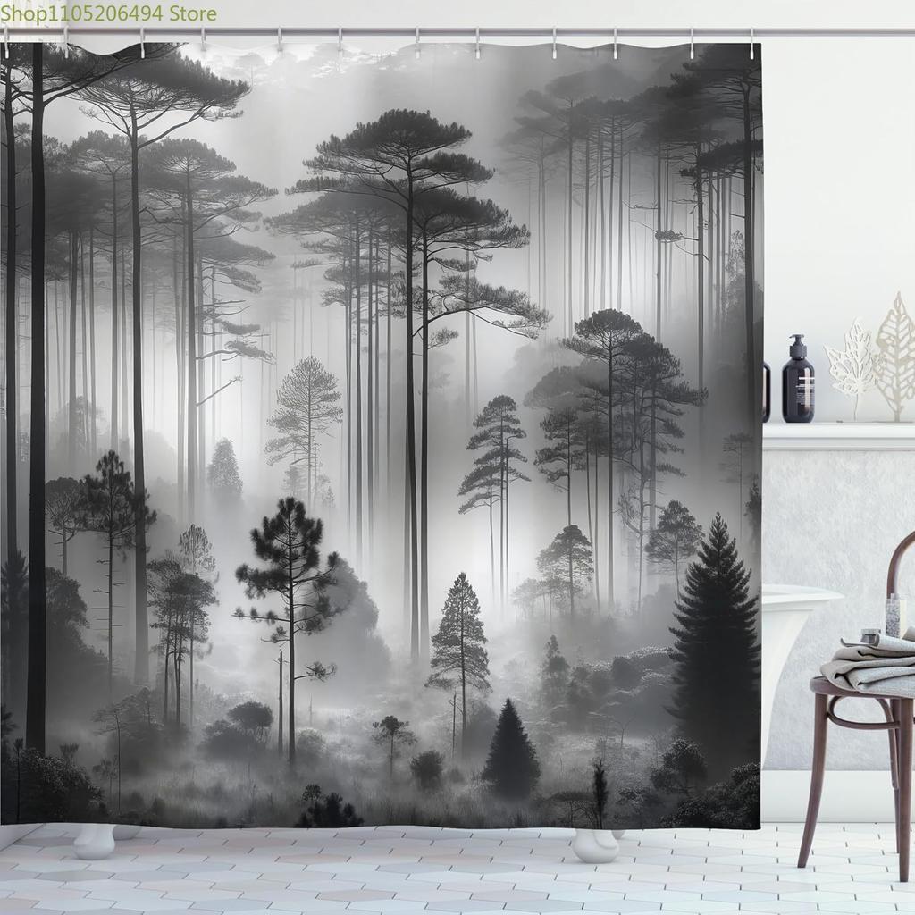 Черно-белая шторка для душа туманные высокие деревья лесной массив природный ландшафт ткань украшение для ванной шторка для душа с крючком