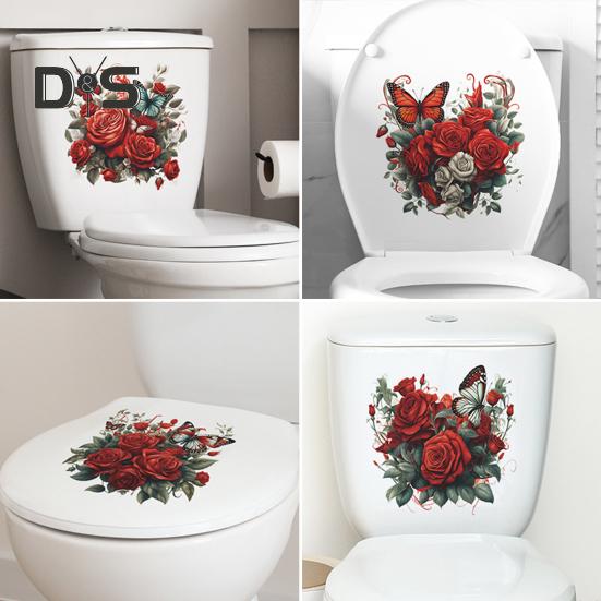 Наклейка на унитаз с бабочками и цветком розы, съемная водонепроницаемая наклейка из ПВХ для гостиной, ванной комнаты, стены искусства, цветочная крышка для унитаза, украшение на день Святого Валентина