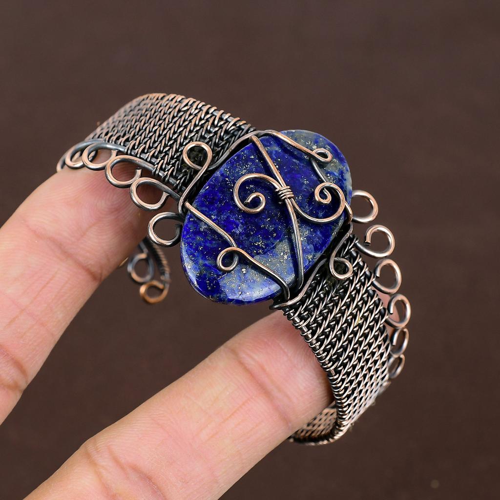 Natural Lapis Lazuli Gemstone Handmade Copper Wire Wrap Bangle Adjustable Y5n72