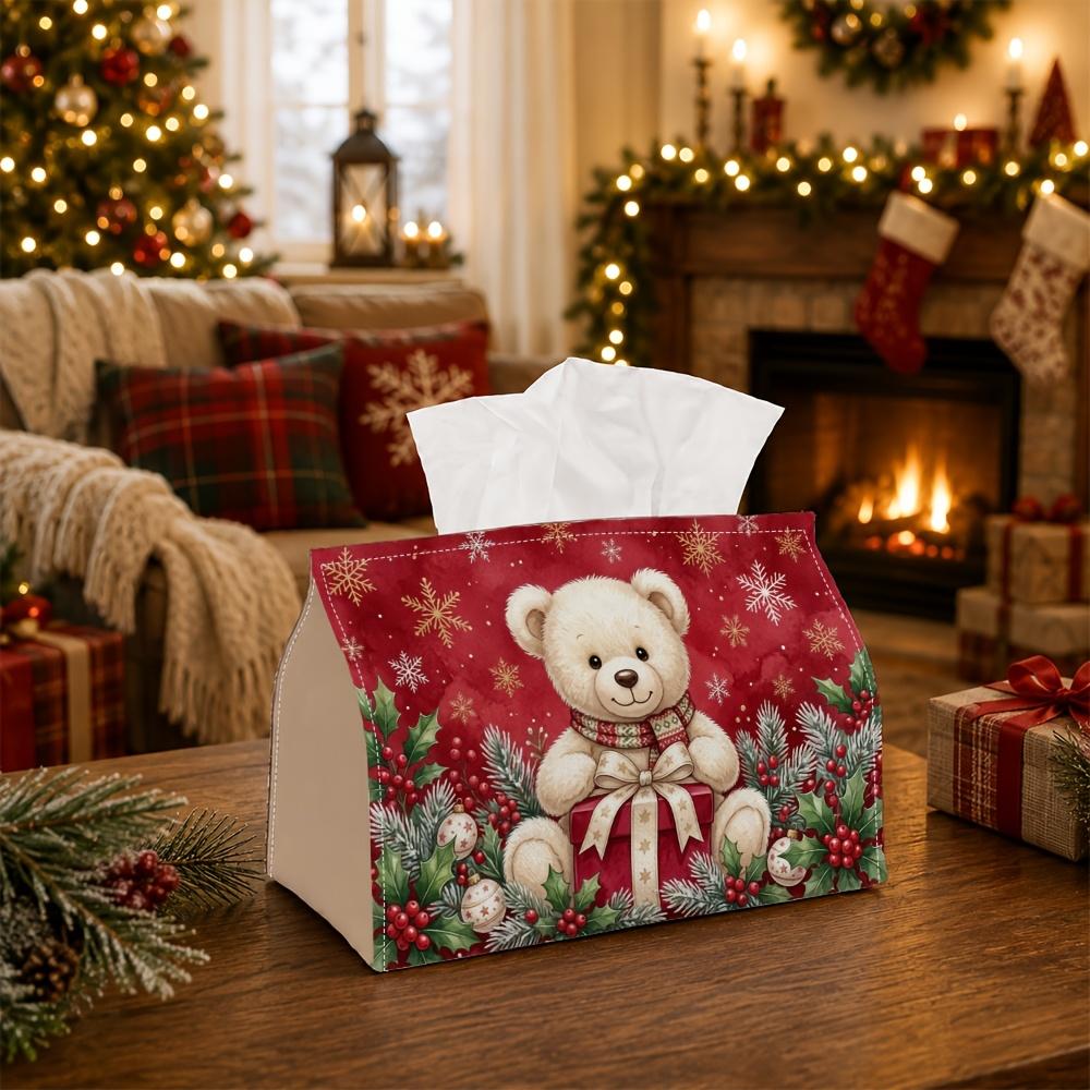 1pc Classic Winter Rustic Tissue Box - Teddy Bear Snowflake Pine Napkin Storage Box, Suitable for Rolls/Facial Tissues, Multi-Functional Storage Box f