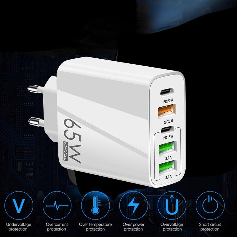 65 Вт PD зарядное устройство 5 В 7 А быстрая зарядка 5 портов USB для iPhone 13 12 Pro iPad Xiaomi Samsung телефонный адаптер типа C EU US UK вилка