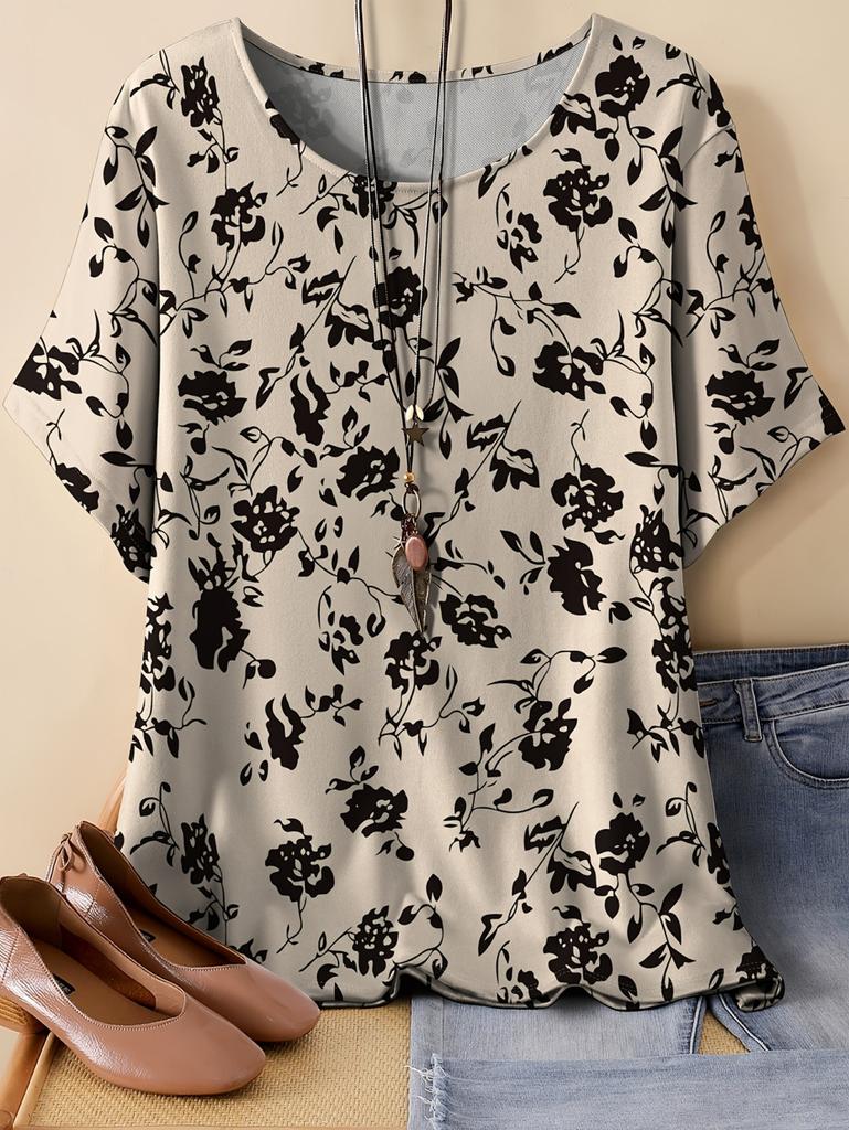 Vintage Women's Elegant Floral T-Shirt Short Sleeve Round Neck Top Y2k Harajuku T-Shirts Comfortable Tees Casual Female Clothing