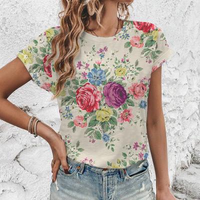 Простая модная женская футболка, летняя спортивная повседневная дышащая футболка с круглым вырезом, модная винтажная футболка с цветочным принтом