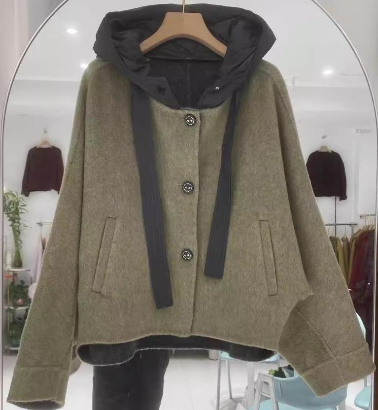 Весенне-осенняя новая шерстяная куртка Двустороннее шерстяное пальто С капюшоном Рукав летучая мышь Короткая куртка с капюшоном женская