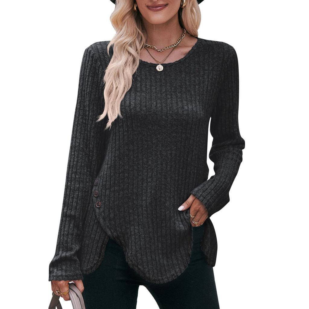 Autumn and Winter Women's Blouse Round Neck Pit Stripes Abrasion Solid Color Long Sleeve Tops