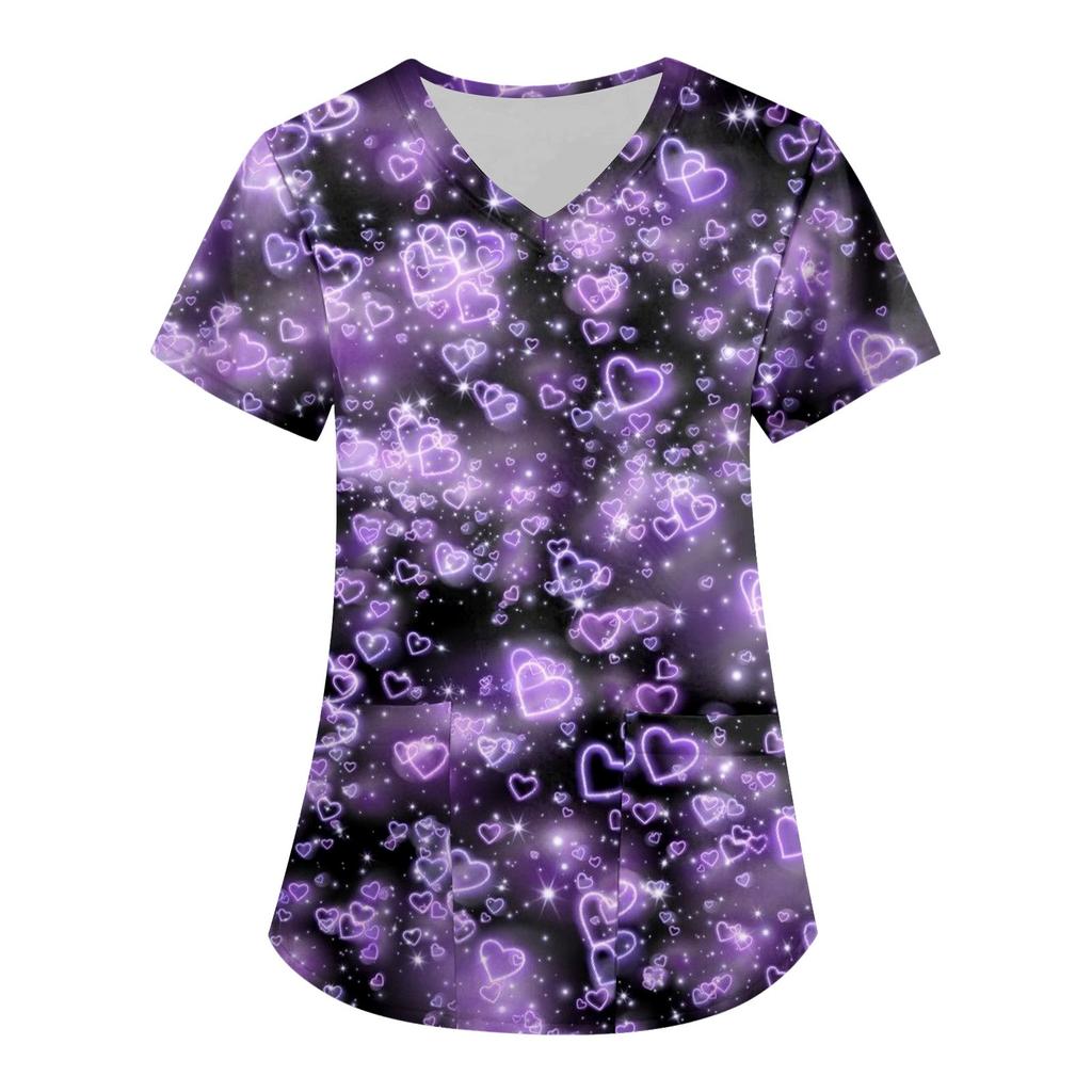 Женская мода, рабочая одежда с v-образным вырезом, короткими рукавами и карманами, топы с принтом ко Дню святого Валентина