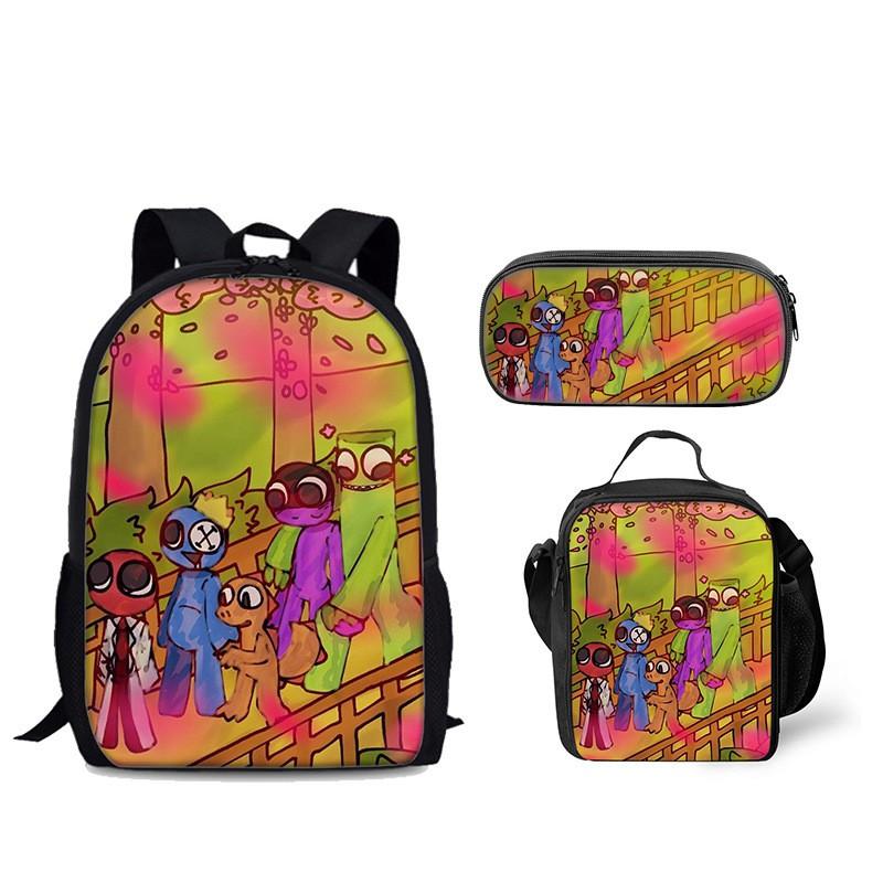 Rainbow Friends Themed Backpack Set With Lunch Tote Pencil Case - Unisex Nylon School Travel Bag 20-35L