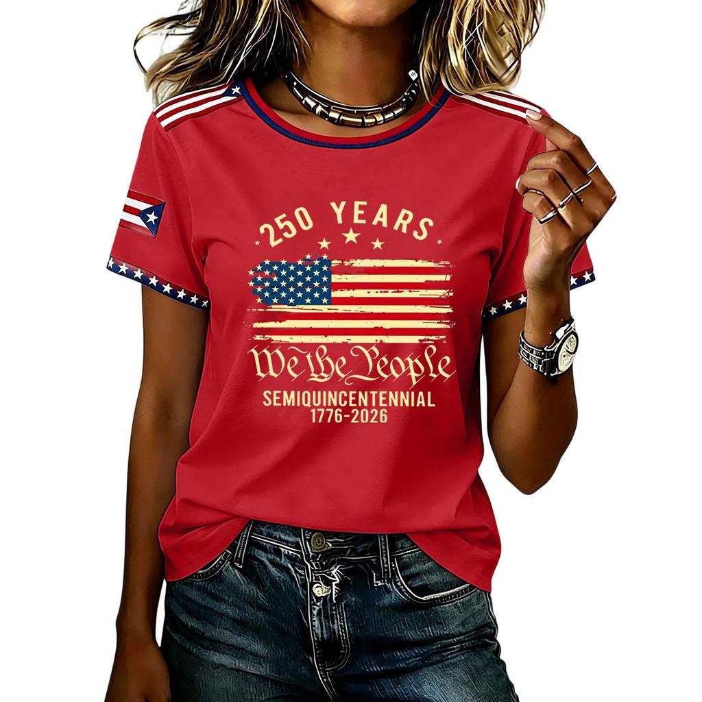 Женская футболка с коротким рукавом и круглым вырезом Семиквинквентениальная 250 лет Мы с принтом флага Повседневный топ