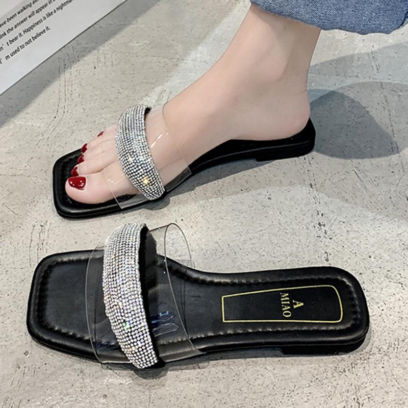 Rimocy/хрустальные тапочки из ПВХ для женщин, сандалии на плоской подошве с мягкой подошвой, женские летние шлепанцы с квадратным носком, шлепанцы Mujer