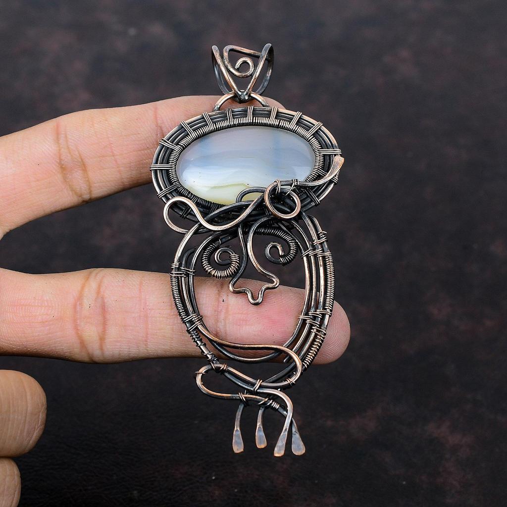 Подвеска из агата Ботсваны, подвеска из медной проволоки с драгоценным камнем, ювелирное изделие ручной работы, подвеска в этническом стиле, подвеска с камнем по рождению, медные ювелирные изделия для подарка