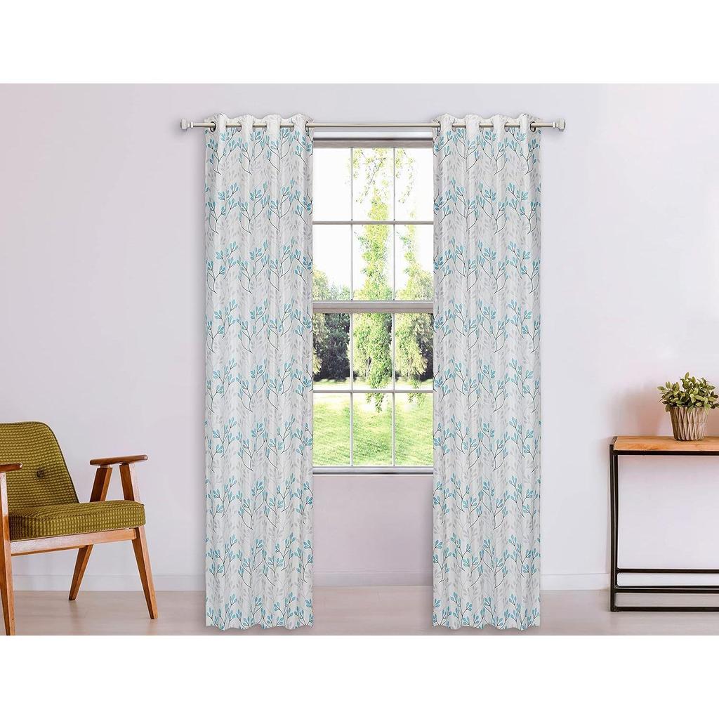 Pack of 2 Polyester Leaf Print Window Curtain Regular Print 135 GSM , White & Blue