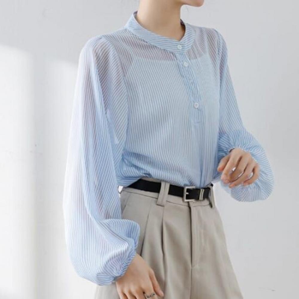 Navava Women Light Sheer Stripe Long Sleeve Blouse Nb2552