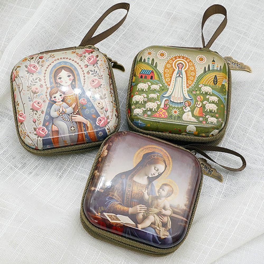 Virgin Mary Jewelry Box Zippered Christian Gift Portable Prayer Rosary Storage Bag Devotees