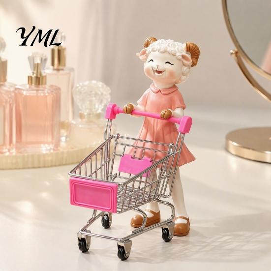 Holiday Gift for Her Cartoon Sheep Shopping Cart Figurine, Mini Grocery Trolley Toy with Lamb, Adorable Animal Ornament Cute Desk Decor Kids,