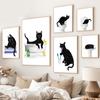 Set of 6 Black Cat Lover Gift Bathroom Bath Wall Art Decor Funny Pet Brush Teeth Canvas Painting Toilet Room Home Poster Print