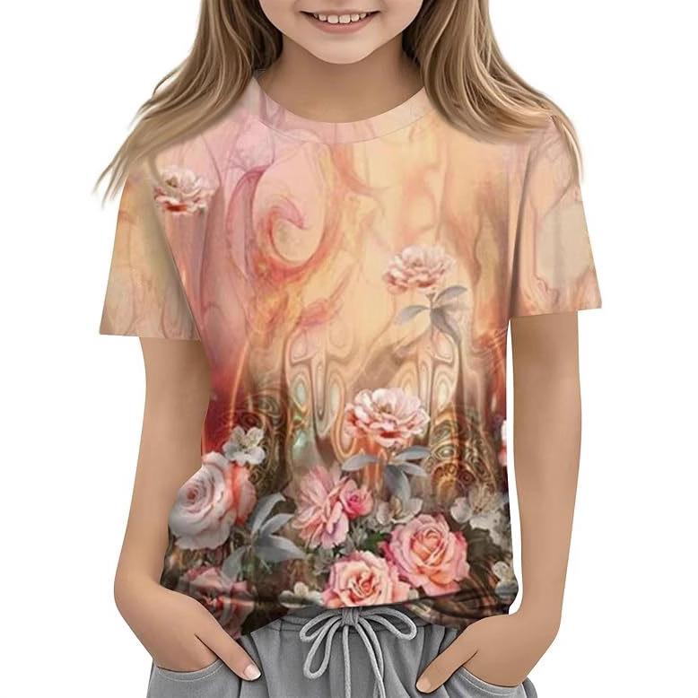 Детская футболка с 3D-принтом, новая повседневная универсальная детская одежда с цветочным 3D-принтом, футболка с короткими рукавами и круглым вырезом