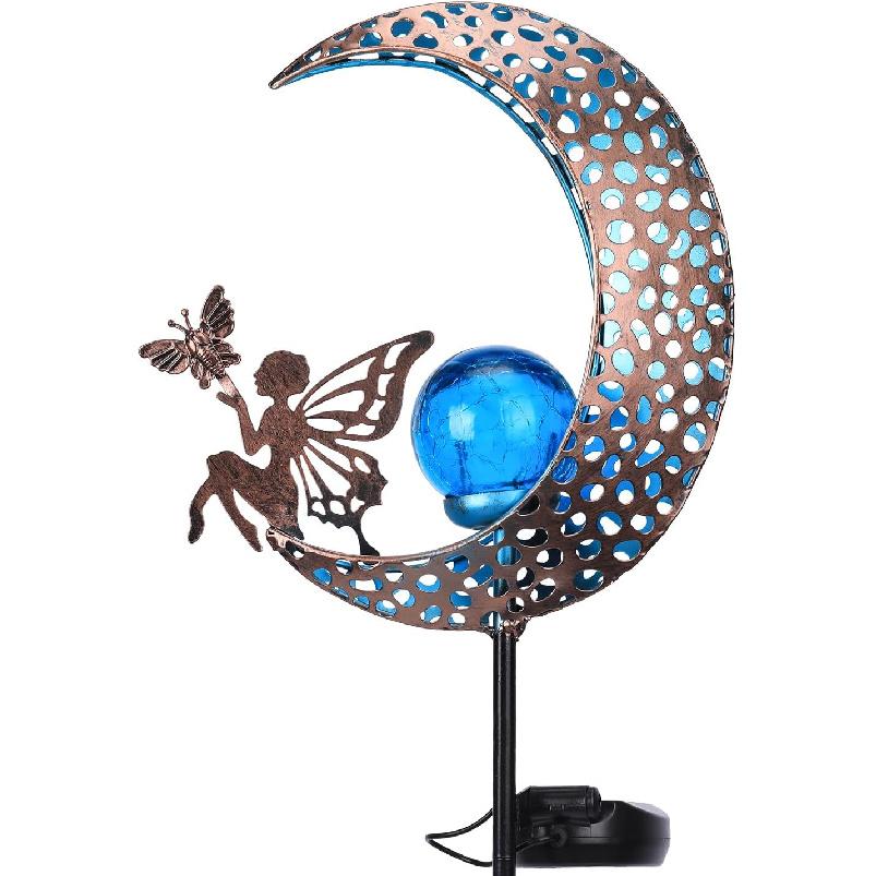 Solar Lights Outdoor - Garden Decorative Moon Solar Lights with Fairy Outdoor Metal Crackle Glass Globe Stake Garden Decor for Pathway, Lawn,Yard