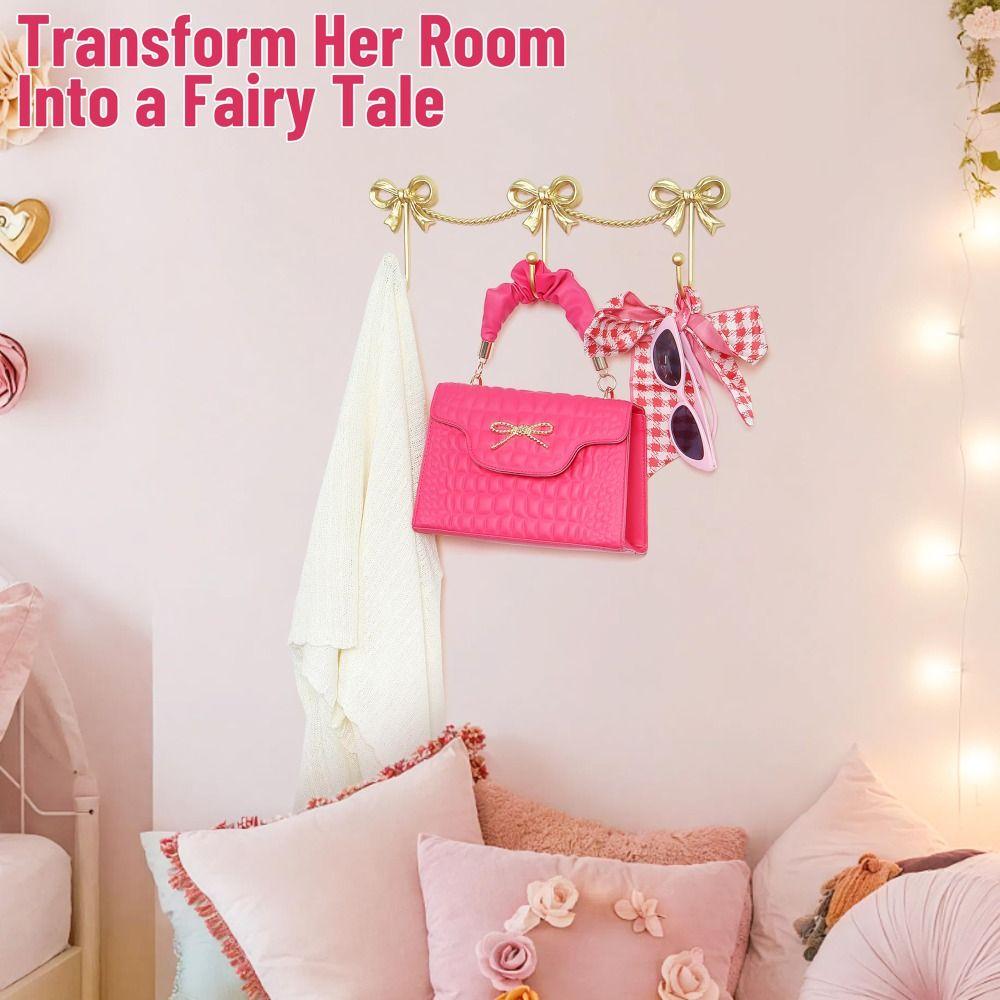 Wall Mounted Bow Wall Hooks Iron Three-Bows Hooks Cute Metal Bow Hooks Girls Room