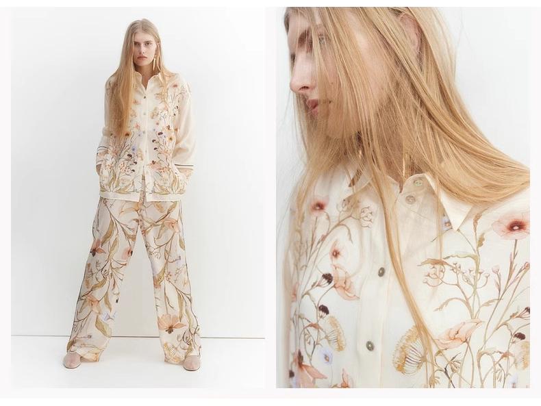 Женский европейско-американский комплект с цветочным принтом из рубашки с длинным рукавом и брюк, 2025