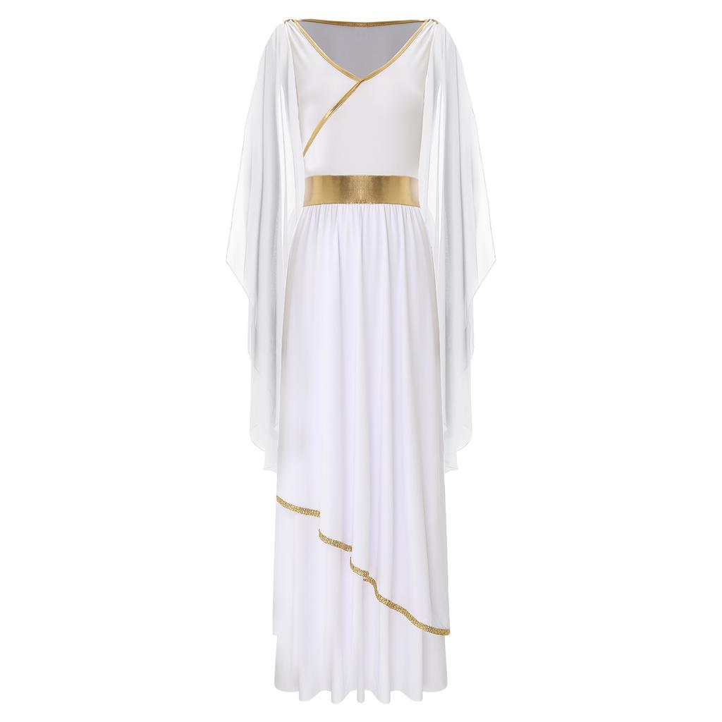 Womens Ancient Greek Beauty Dress V Neck Sleeveless Gold Trims Toga Greece Roman Queen Cosplay Costume