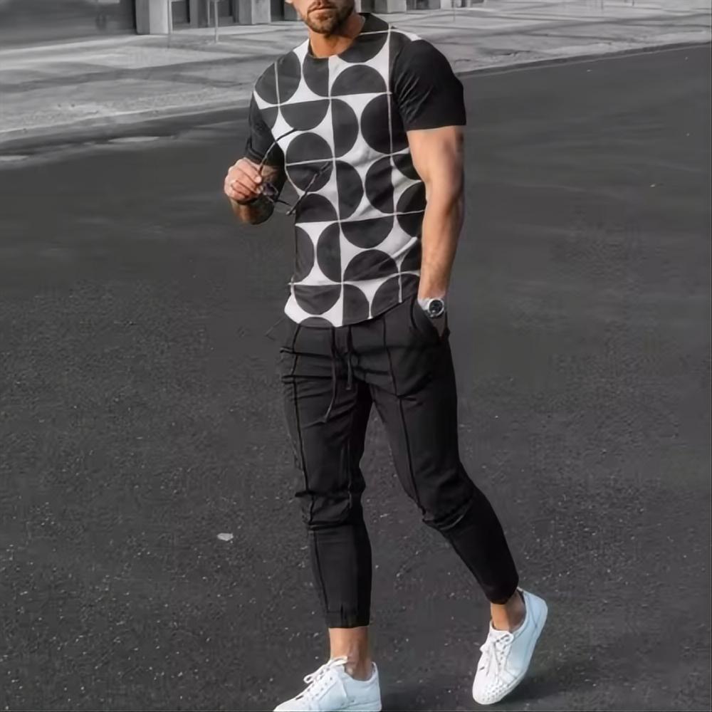 Летний мужской топ, повседневная уличная одежда с 3D-принтом, спортивная одежда в стиле ретро, футболка с короткими рукавами, спортивные штаны с длинными рукавами, комплект из двух предметов