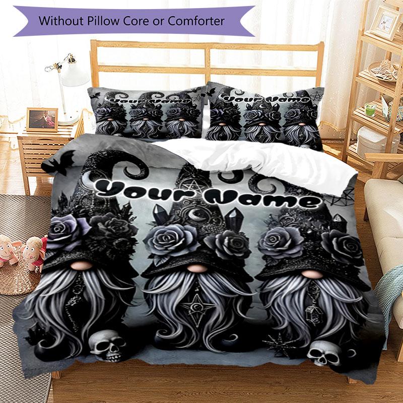 3PC Custom Name Gothic Gnomes Skulls Bedding Set Printed Bedding Set Duvet Cover Closure Includes 1 Duvet Cover & 2 Pillowcases for All Seasons Bedroo