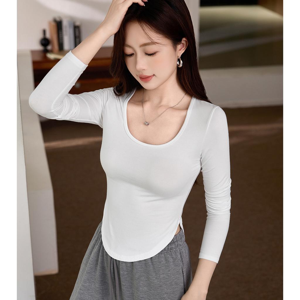 Modal Cotton U-neck T-shirt Women Long Sleeve Autumn and Winter New Tight Sexy Pure Wind with A Base Shirt Top