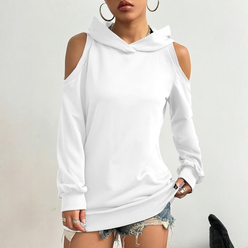 Женский модный повседневный однотонный худи с длинными рукавами и открытыми плечами