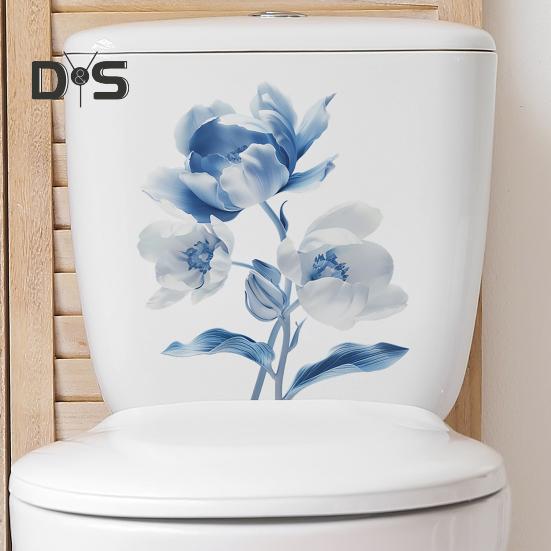 Наклейка на унитаз с синим цветком, съемная самоклеящаяся водонепроницаемая наклейка из ПВХ для гостиной, ванной комнаты, стены искусства, украшение для крышки унитаза с цветочным принтом