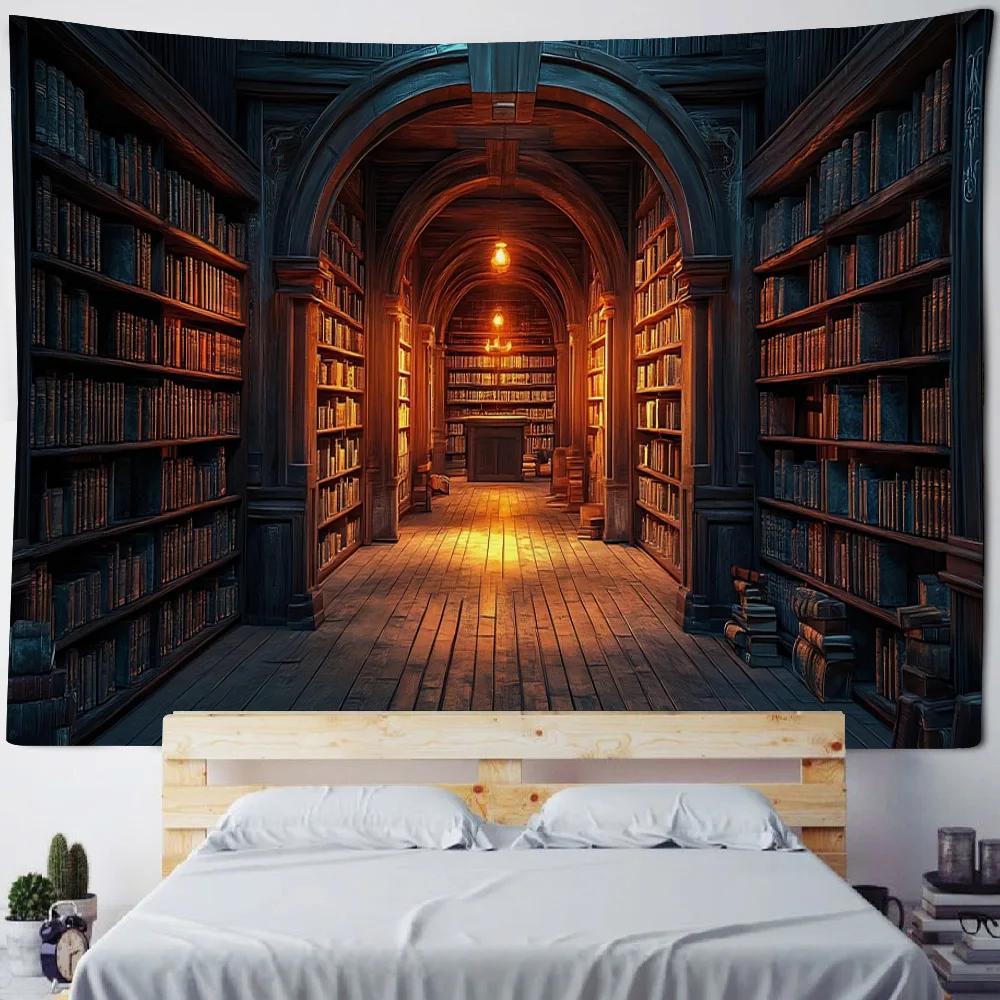 Magic Bookshelf Wall Mounted Tapestry Library, Living Room Background Cloth, Aesthetic Bedroom Decoration, Dreamy Home Decor