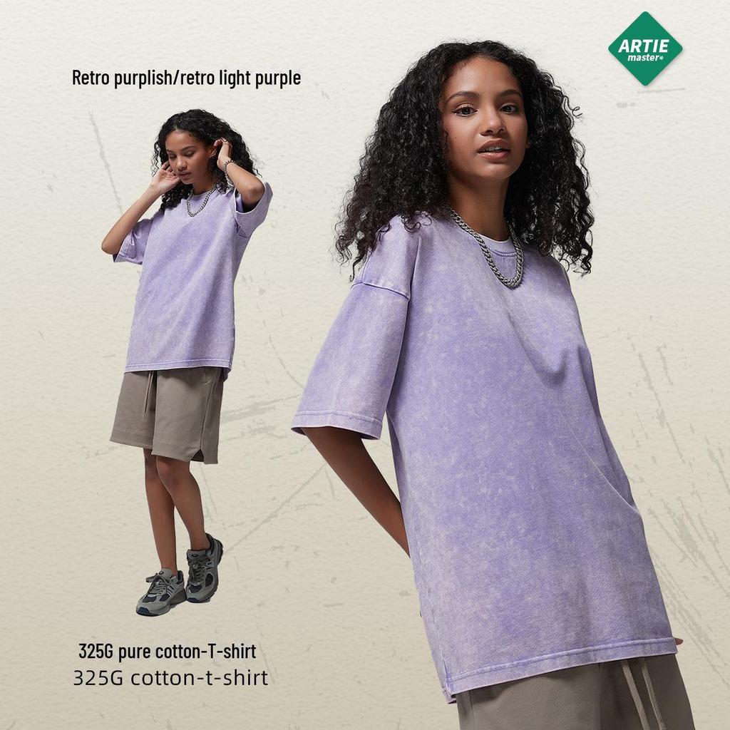 ARTIE Men's 2024 Summer 325g Batik Washed Distressed Retro T-Shirt - American Fashion Short Sleeve