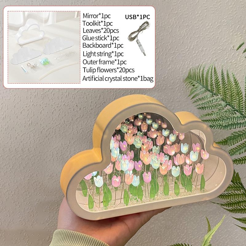 DIY Cloud Tulip LED Night Light Creative Sea of Flowers Night Lamp Mirror Table Lamps Atmosphere Light Gift Birthday Home Decor